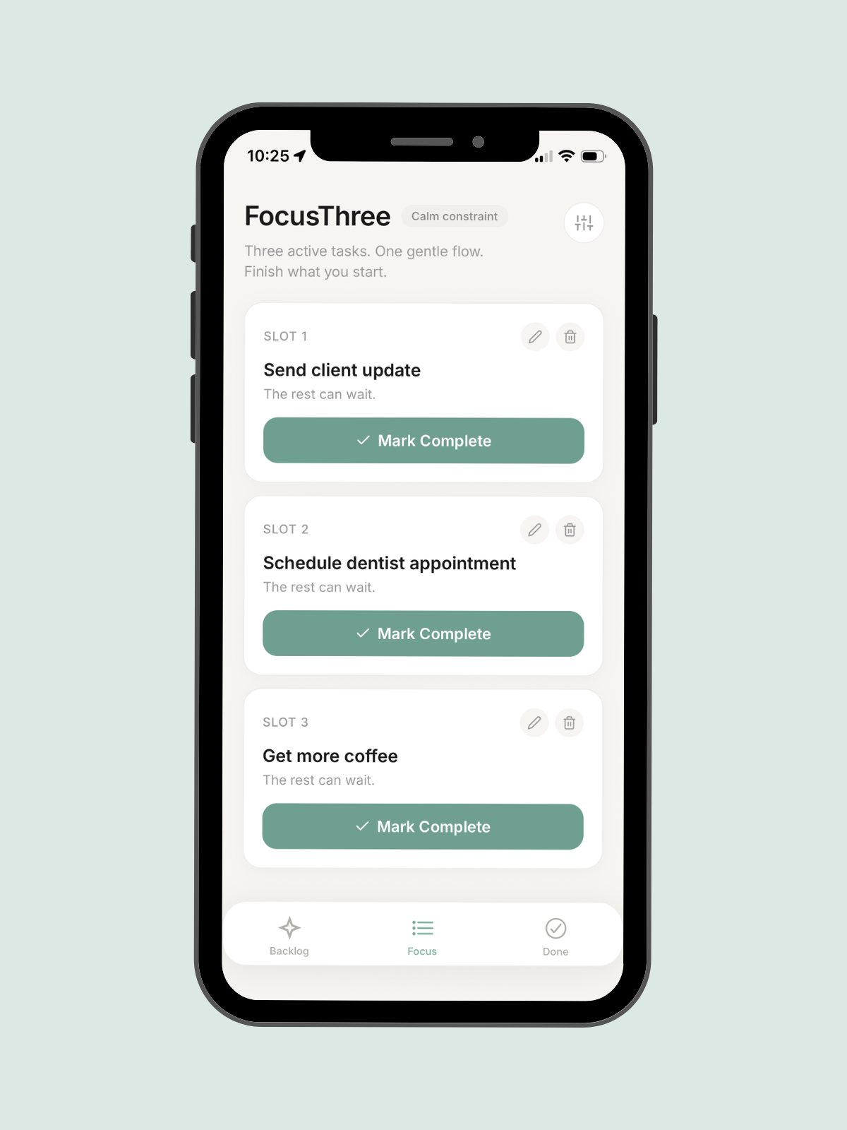 FocusThree focus screen showing three tasks